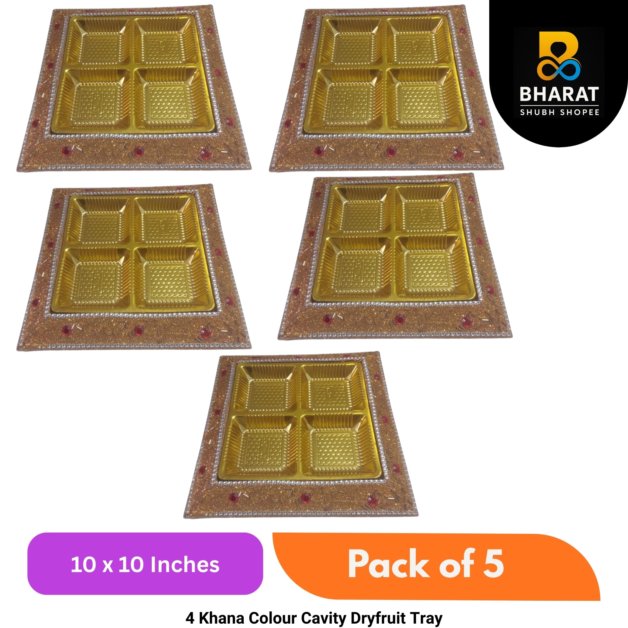 Premium 4 Khana Colour Cavity Dryfruit Tray 10 x 10 Inches – Pack of 5 | Bharat Shubh Shopee