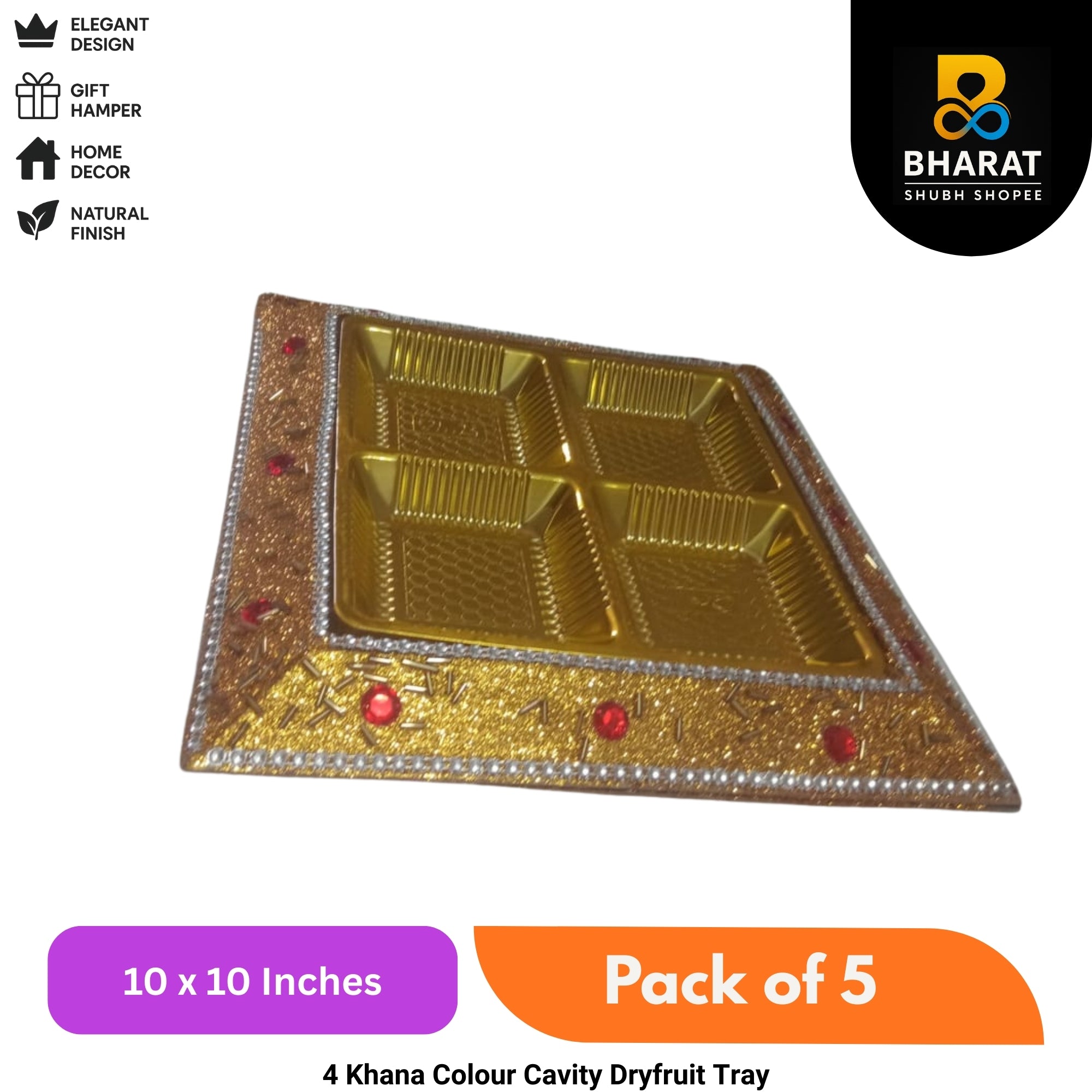 Premium 4 Khana Colour Cavity Dryfruit Tray 10 x 10 Inches – Pack of 5 | Bharat Shubh Shopee