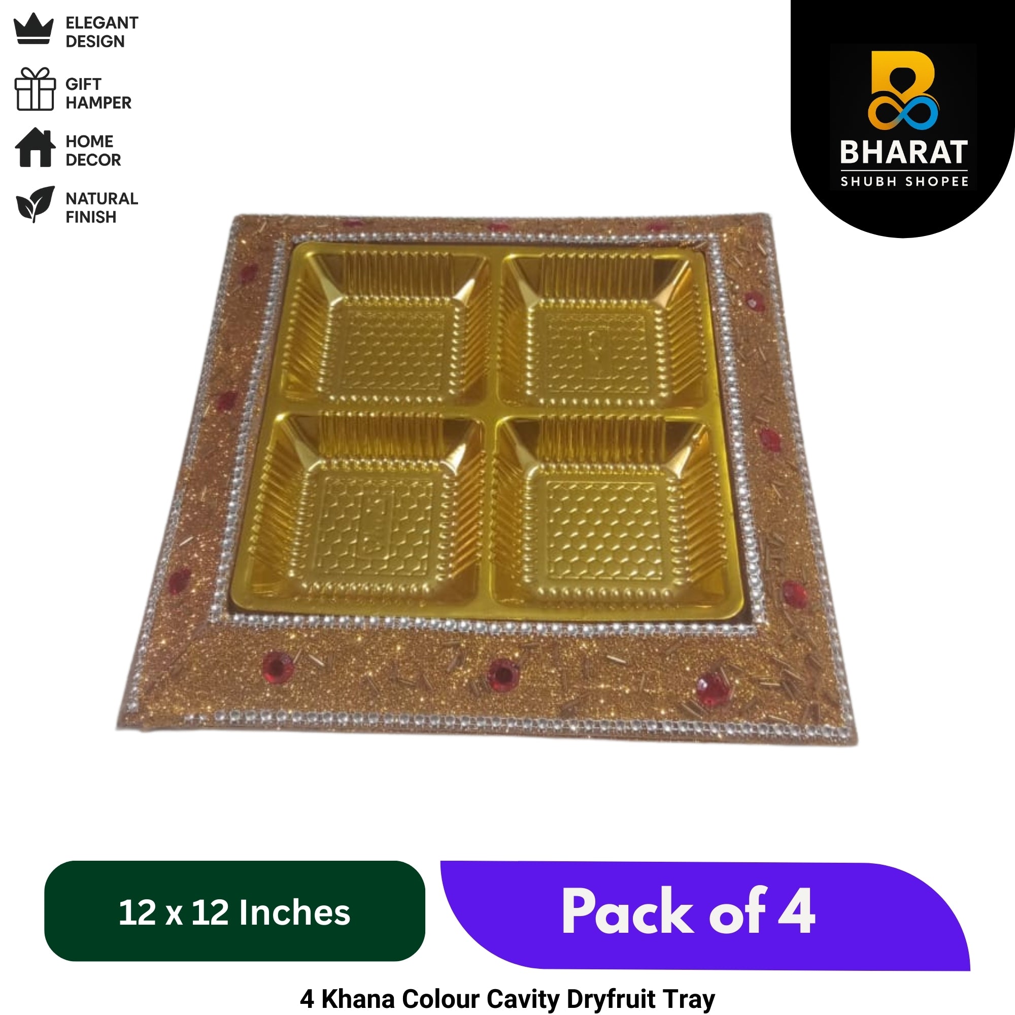 Premium 4 Khana Colour Cavity Dryfruit Tray 12 x 12 Inches – Pack of 4 | Bharat Shubh Shopee
