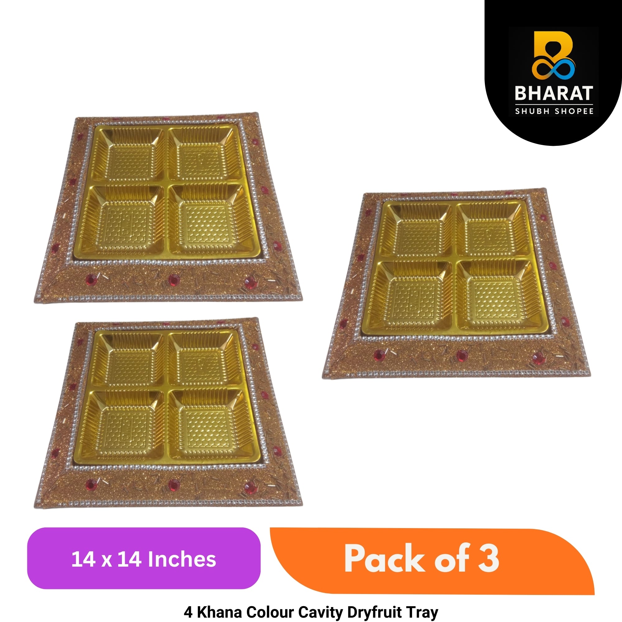 Premium 4 Khana Colour Cavity Dryfruit Tray 14 x 14 Inches – Pack of 3 | Bharat Shubh Shopee