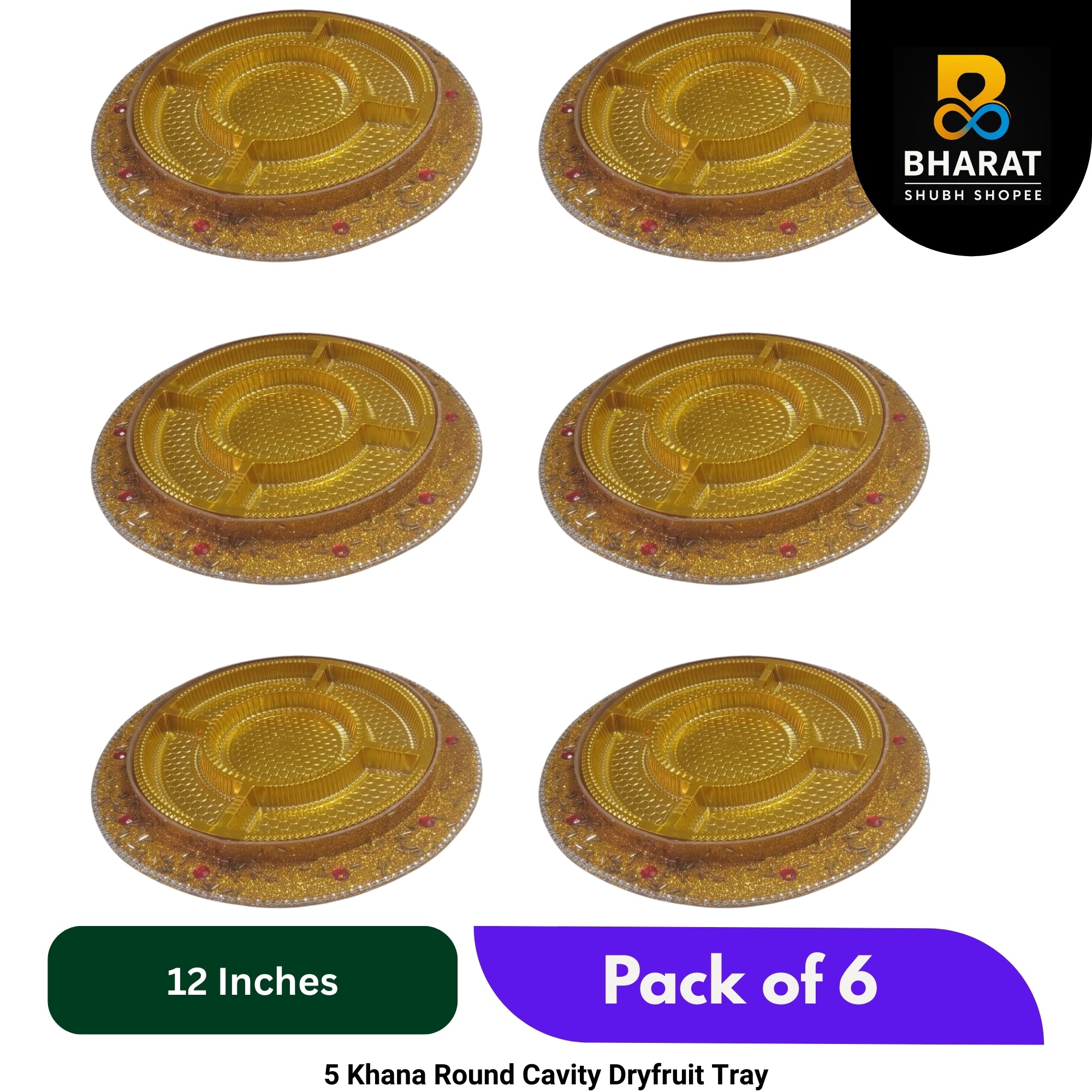 Premium 5 Khana Round Cavity Dryfruit Tray 12 Inch – Pack of 6 for Gifting & Decor – Bharat Shubh Shopee