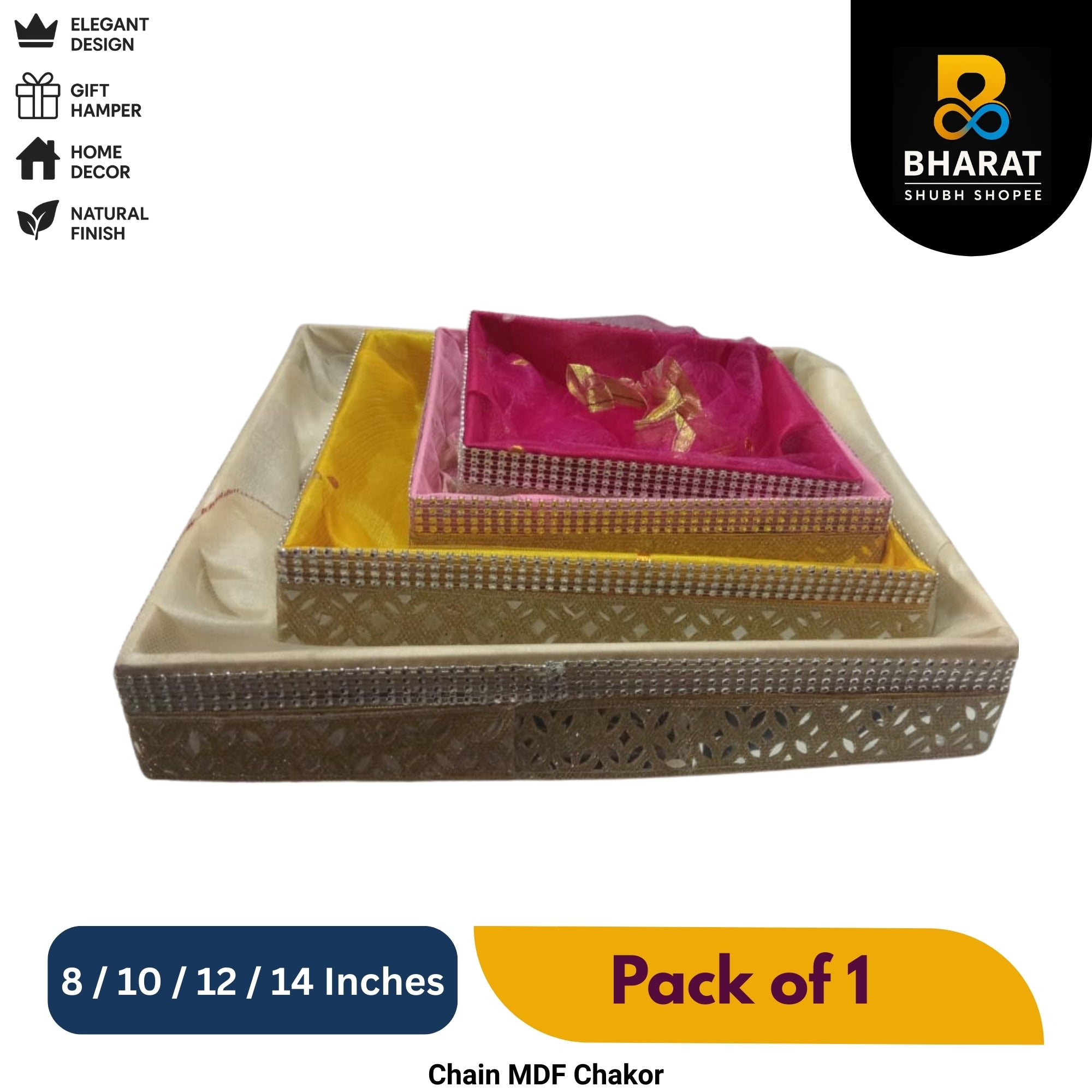 Premium Chain MDF Chakor Square 8 / 10 / 12 / 14 Inches – Pack of 1 for Gifting & Decor – Bharat Shubh Shopee