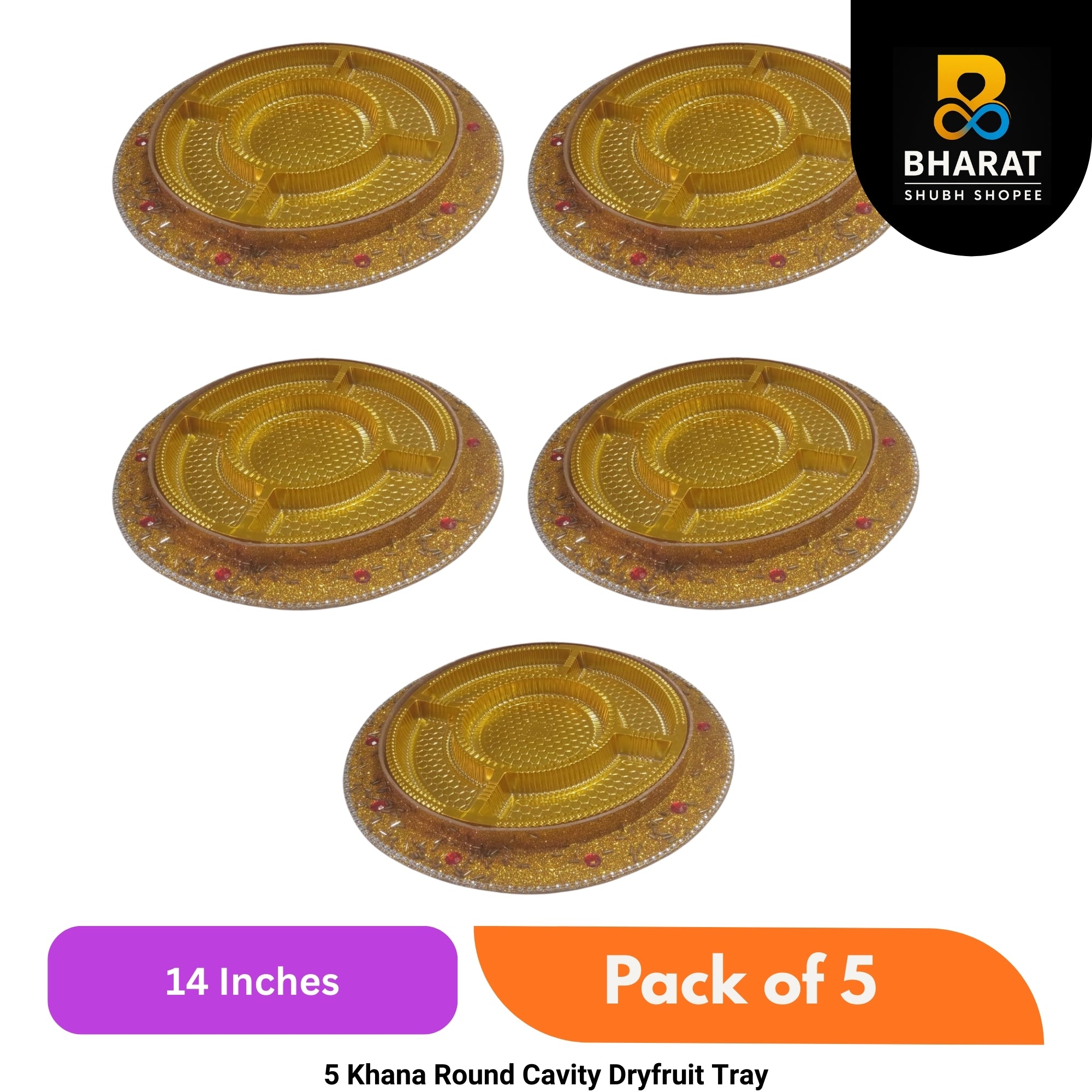 Premium 5 Khana Round Cavity Dryfruit Tray 14 Inch – Pack of 5 for Gifting & Decor – Bharat Shubh Shopee
