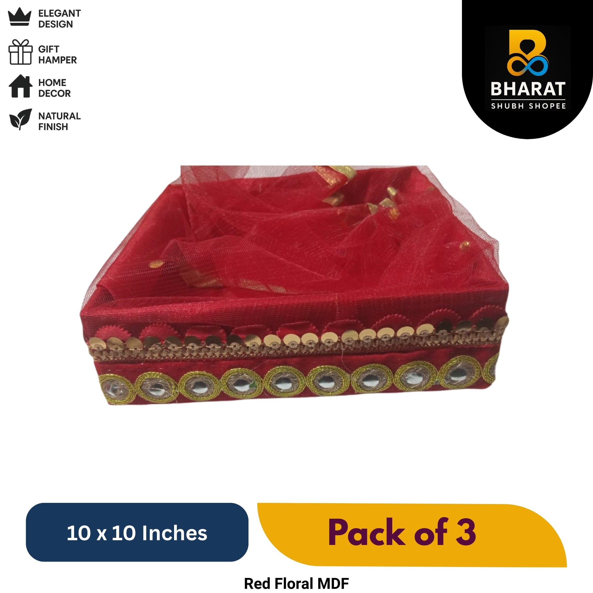 Premium Red Floral MDF 10 x 10 Inches – Pack of 3 for Gifting & Decor – Bharat Shubh Shopee