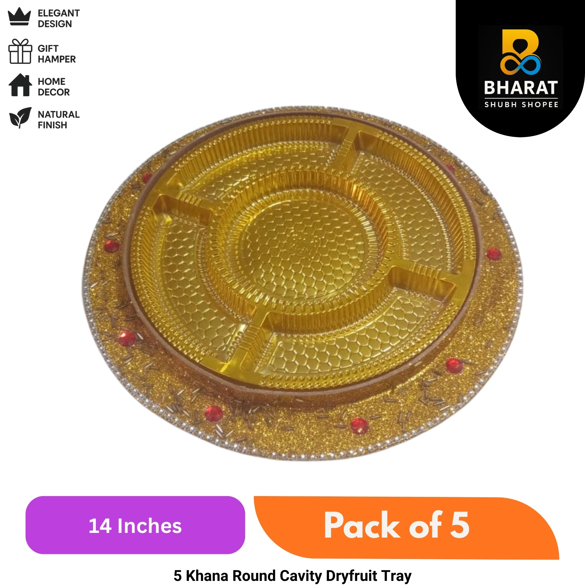 Premium 5 Khana Round Cavity Dryfruit Tray 14 Inch – Pack of 5 for Gifting & Decor – Bharat Shubh Shopee