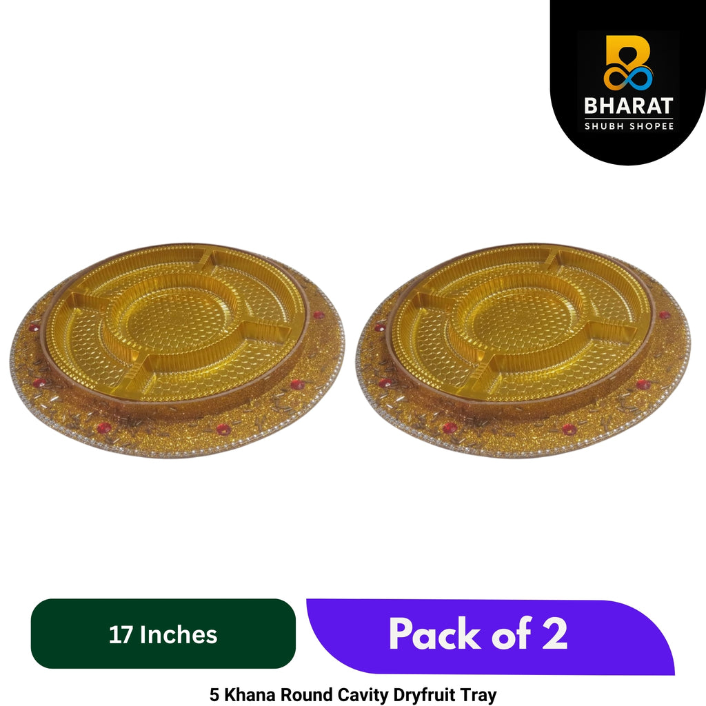 Premium 5 Khana Round Cavity Dryfruit Tray 17 Inch – Pack of 2 for Gifting & Decor – Bharat Shubh Shopee