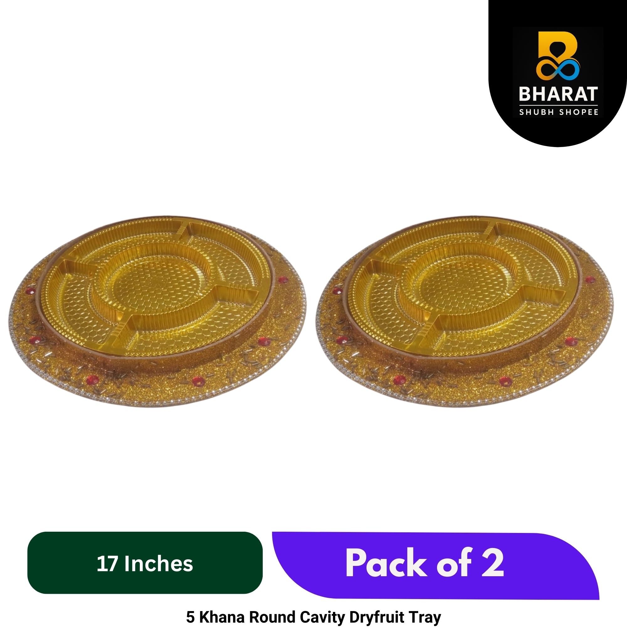 Premium 5 Khana Round Cavity Dryfruit Tray 17 Inch – Pack of 2 for Gifting & Decor – Bharat Shubh Shopee
