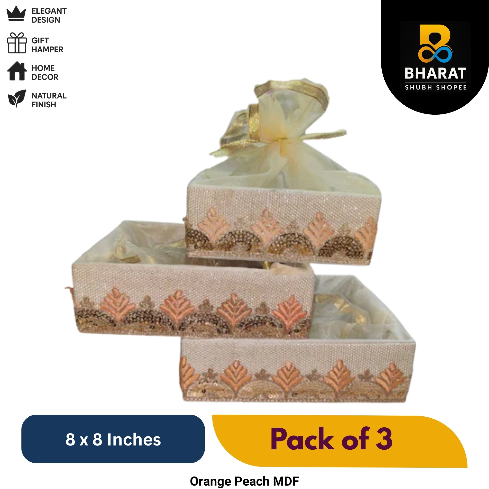 Premium Orange Peach MDF 8 x 8 Inches – Pack of 3 for Gifting & Decor – Bharat Shubh Shopee