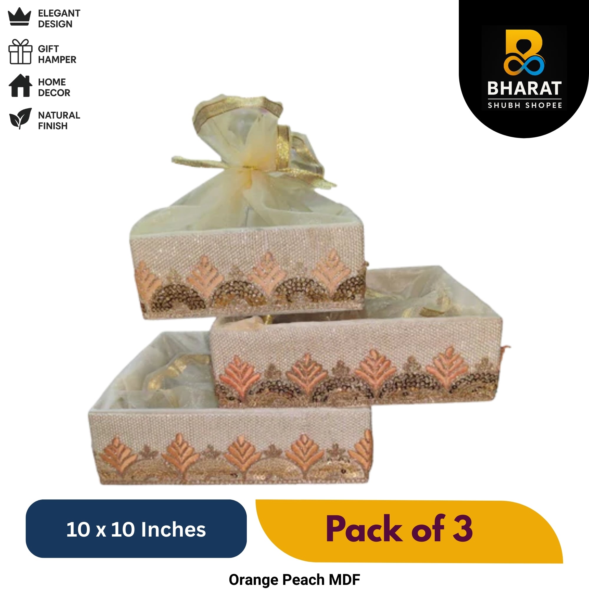 Premium Orange Peach MDF 10 x 10 Inches – Pack of 3 for Gifting & Decor – Bharat Shubh Shopee