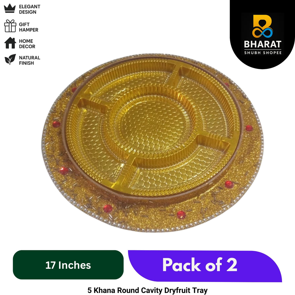 Premium 5 Khana Round Cavity Dryfruit Tray 17 Inch – Pack of 2 for Gifting & Decor – Bharat Shubh Shopee