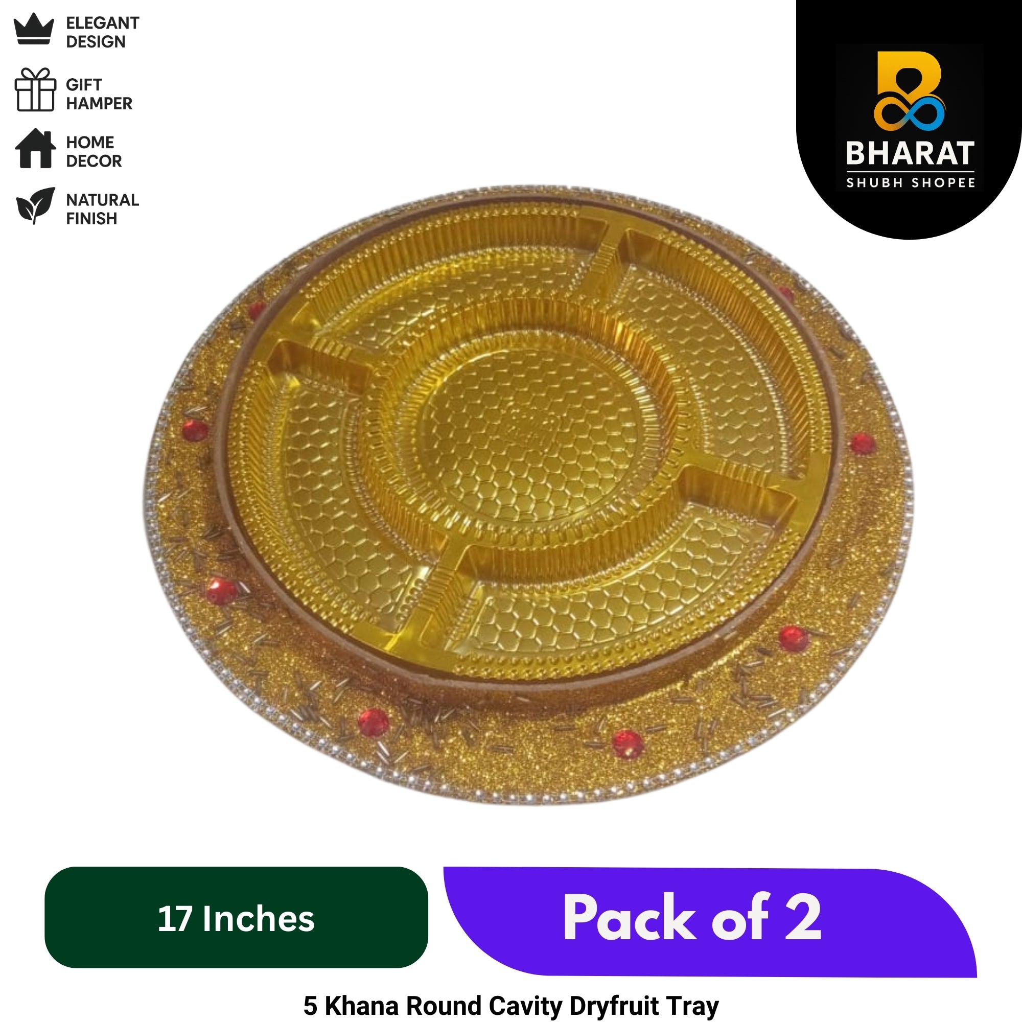 Premium 5 Khana Round Cavity Dryfruit Tray 17 Inch – Pack of 2 for Gifting & Decor – Bharat Shubh Shopee