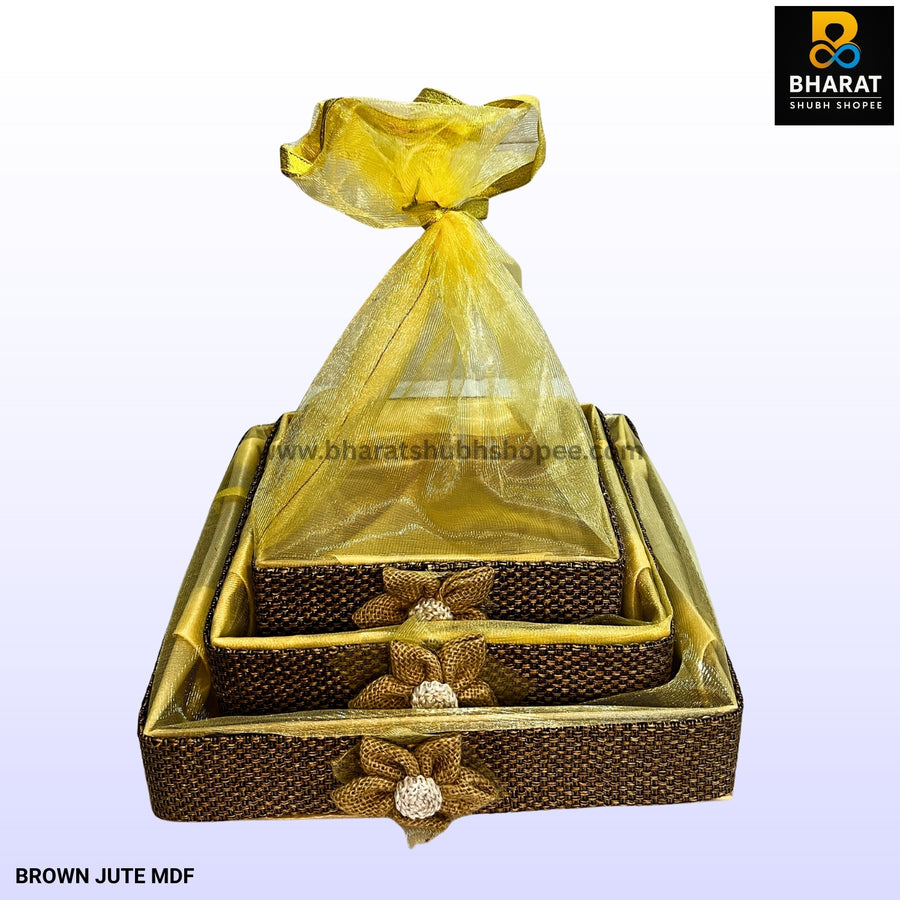 Brown Jute MDF Decorative Gift Basket Set with Net Cover – Bharat Shubh Shopee