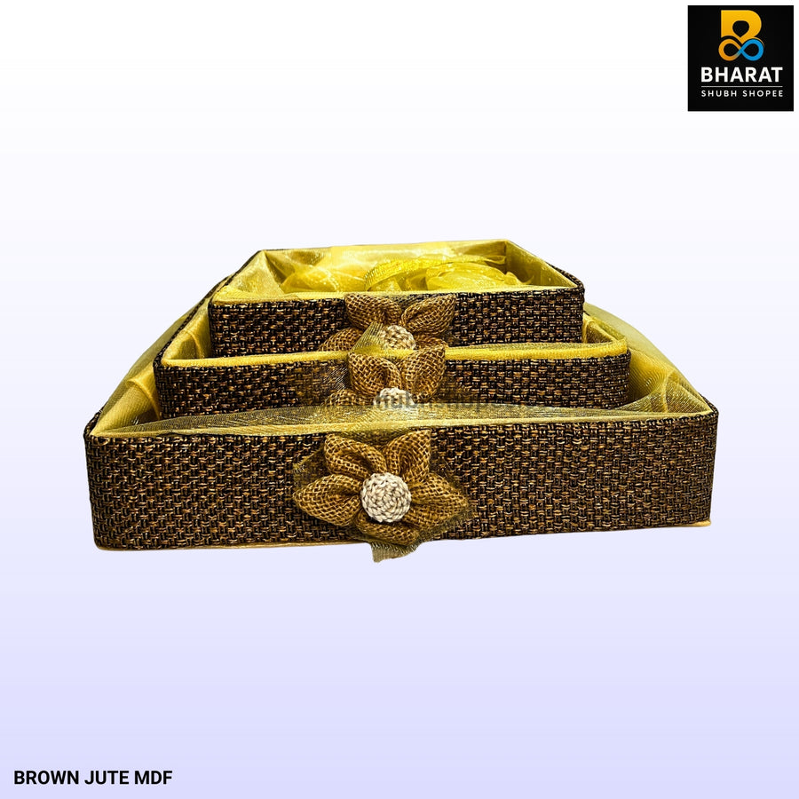 Brown Jute MDF Decorative Gift Basket Set with Net Cover – Bharat Shubh Shopee